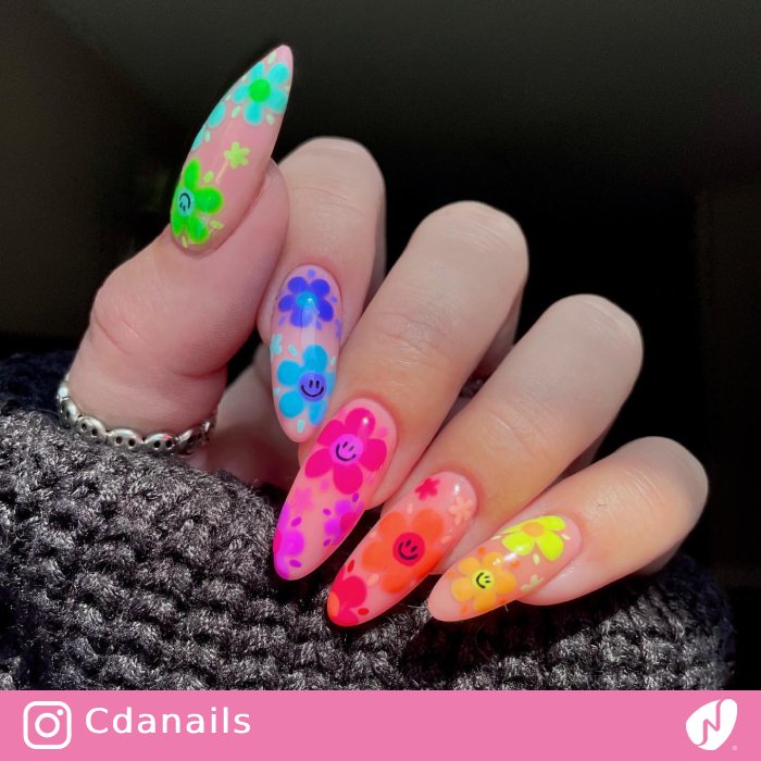 Floral Summer Neon Nail Design